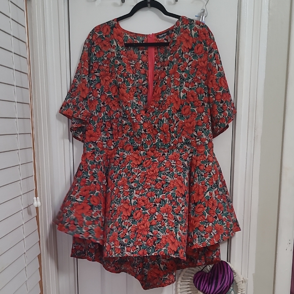 Boohoo Red Floral Jumpsuit